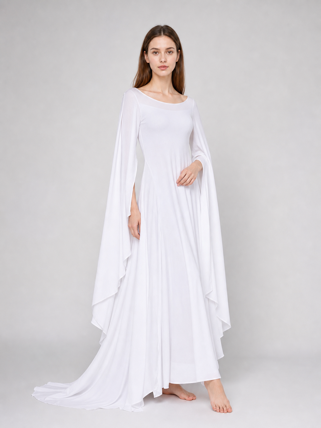 White Dress with a Square Neckline and Wide Sleeves