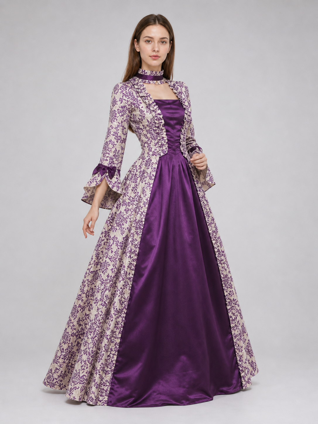 Long-Sleeve Evening Dress with Patterned Bodice
