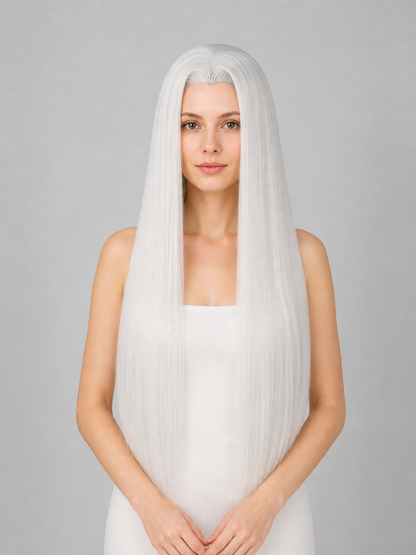 Long Straight White Party Wig with Center Part Costume Wigs detail