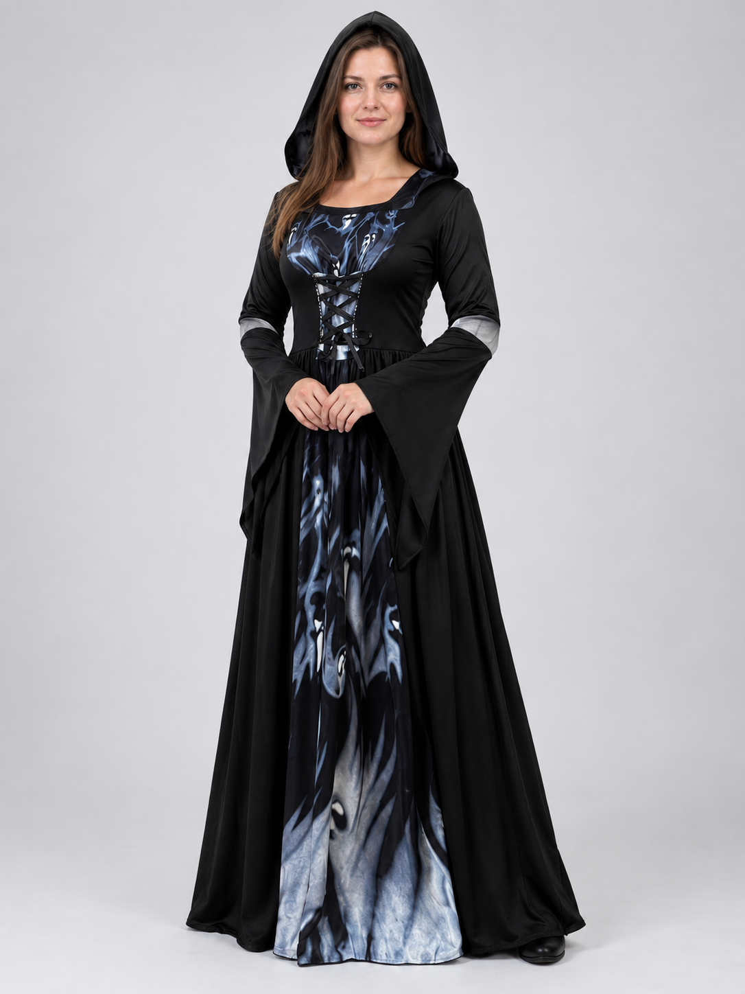 Long Black Hooded Carnival Dress with Lacing