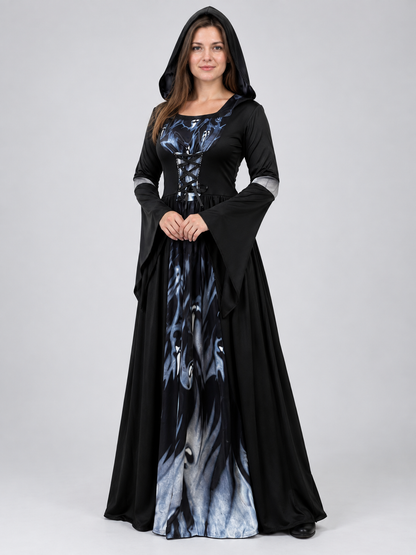 Long Black Hooded Carnival Dress with Lacing
