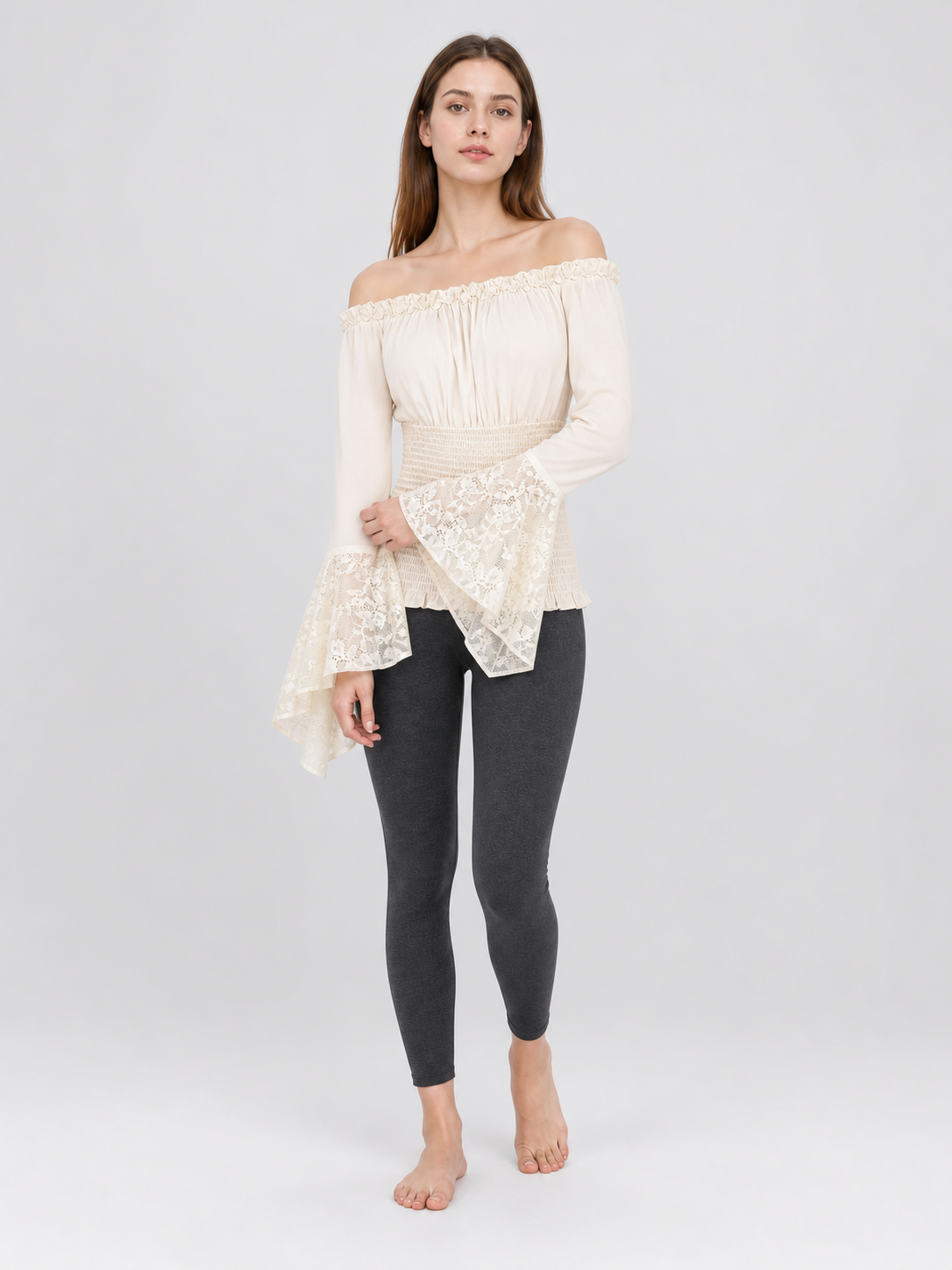 Off-the-Shoulder Blouse with Lace Cuffs