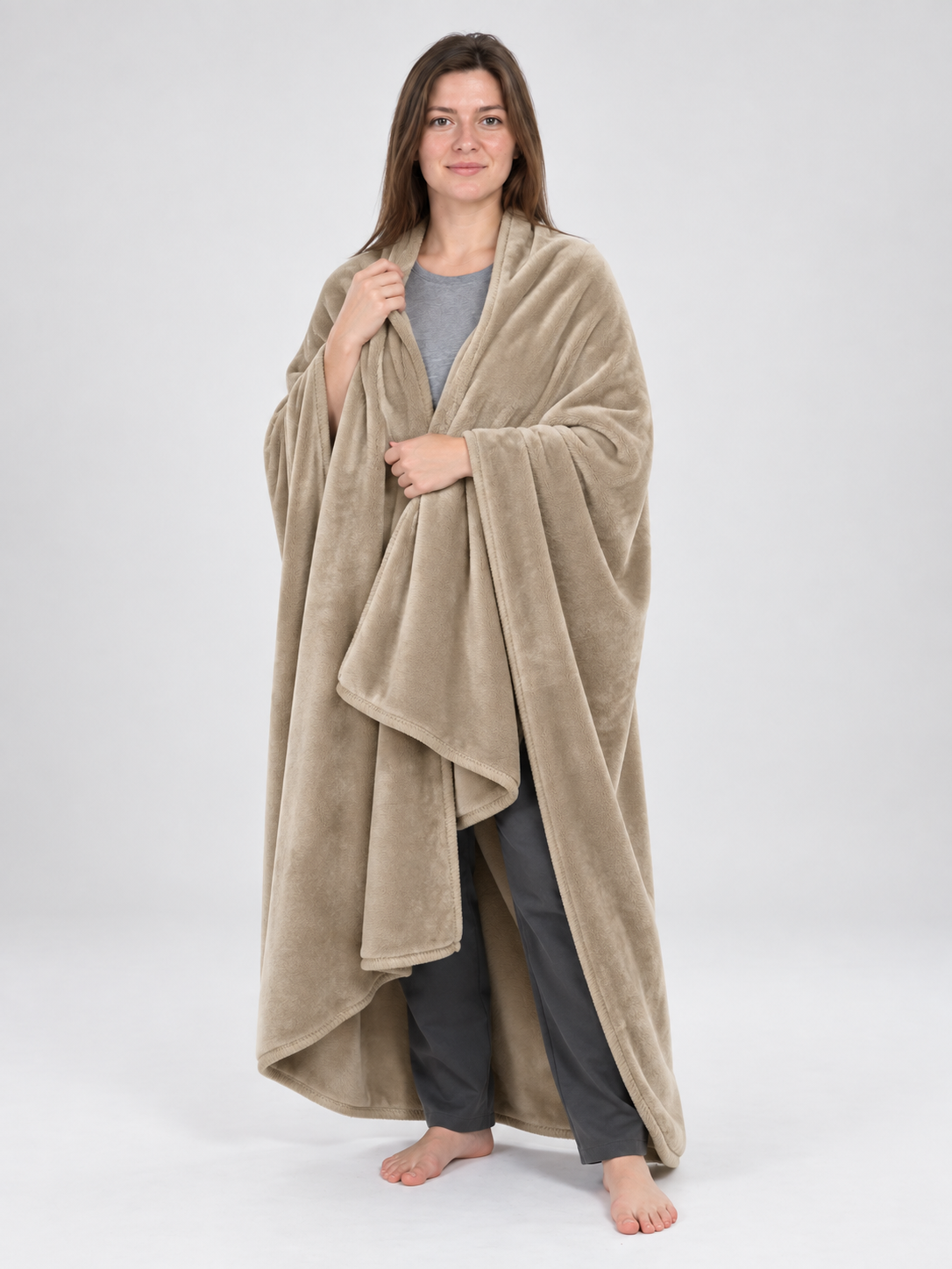 Khaki Flannel Blanket with Binding, Soft, All-Season