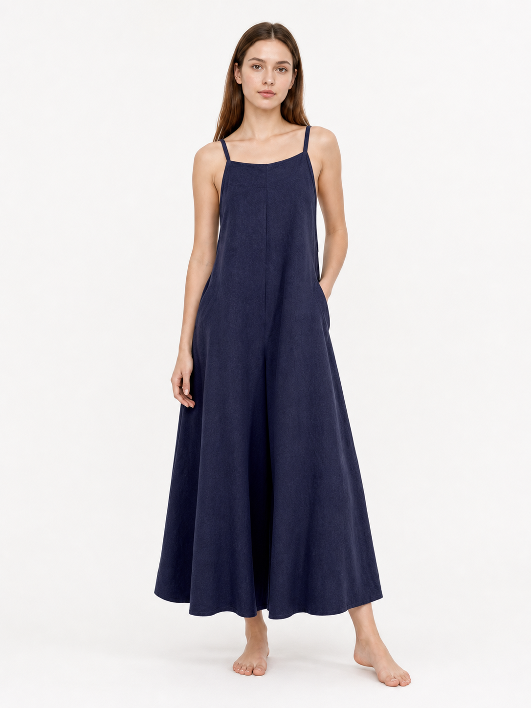 Dark Navy Wide-Leg Bib Overalls with Shoulder Straps