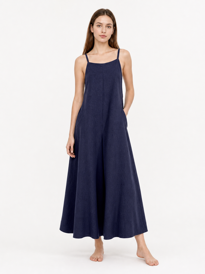 Dark Navy Wide-Leg Bib Overalls with Shoulder Straps