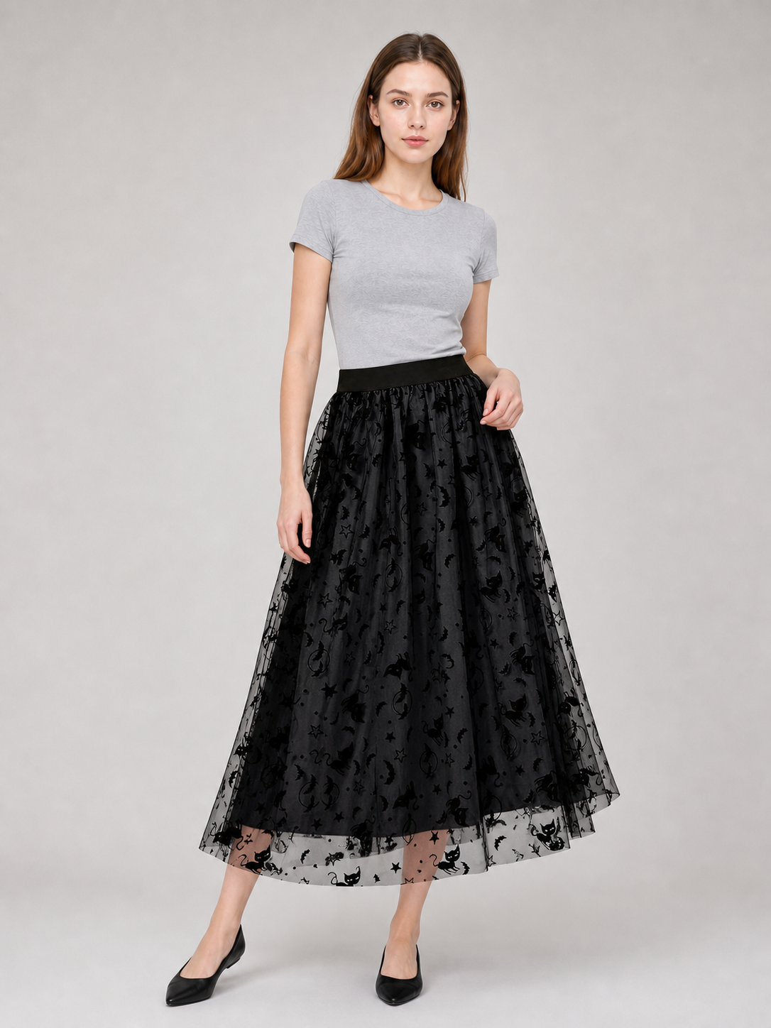 Black mesh midi skirt with bats