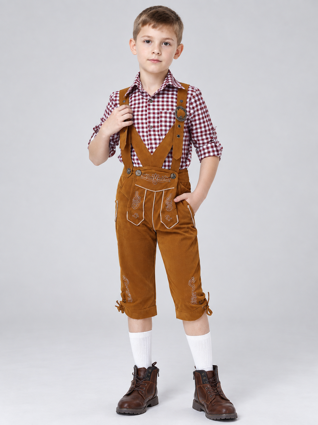 Children's Bavarian-Style Costume, Plaid, Shorts with Suspenders
