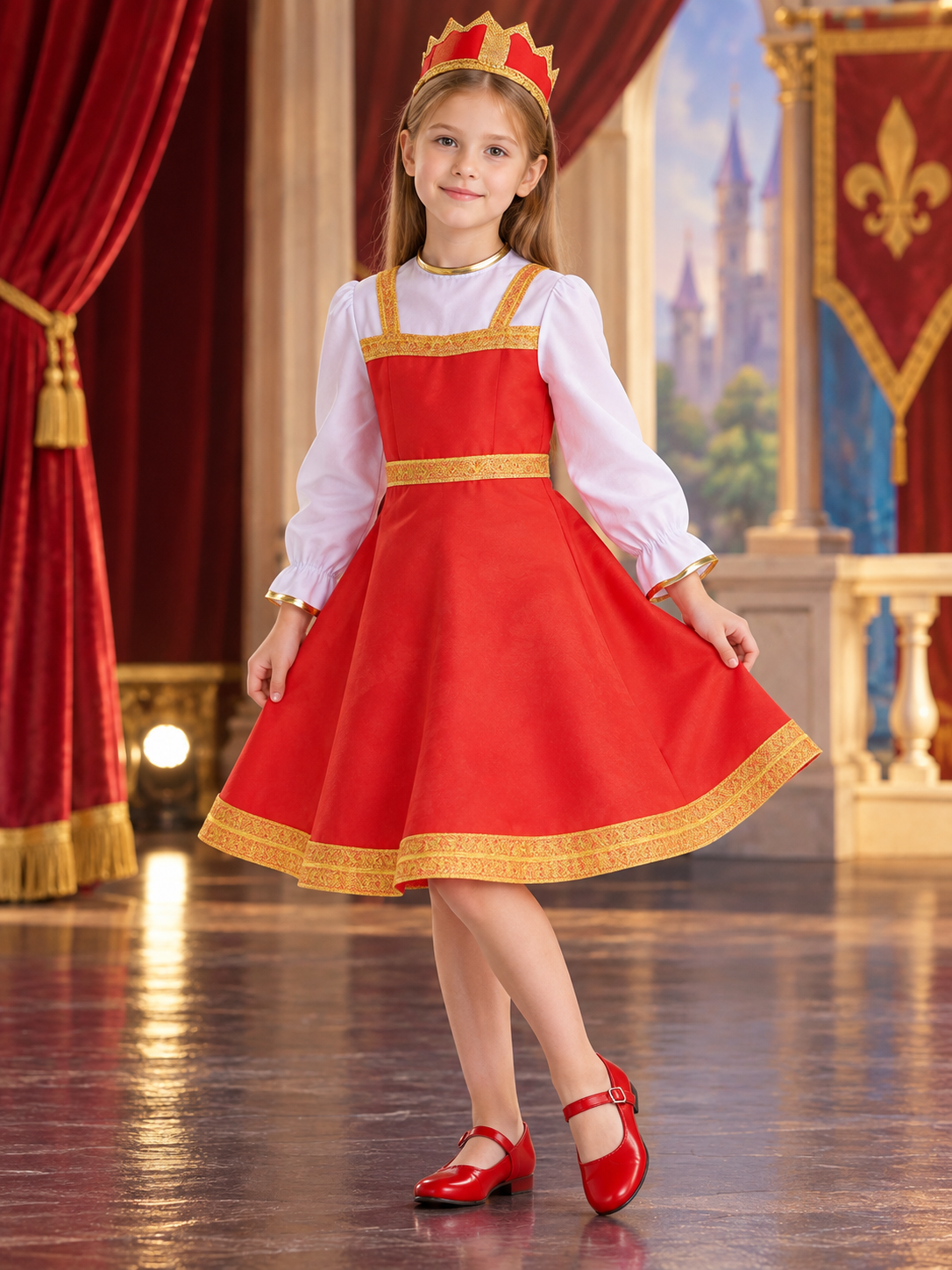 Children's Stage Costume with Red Dress and Crown Costume Dresses detail