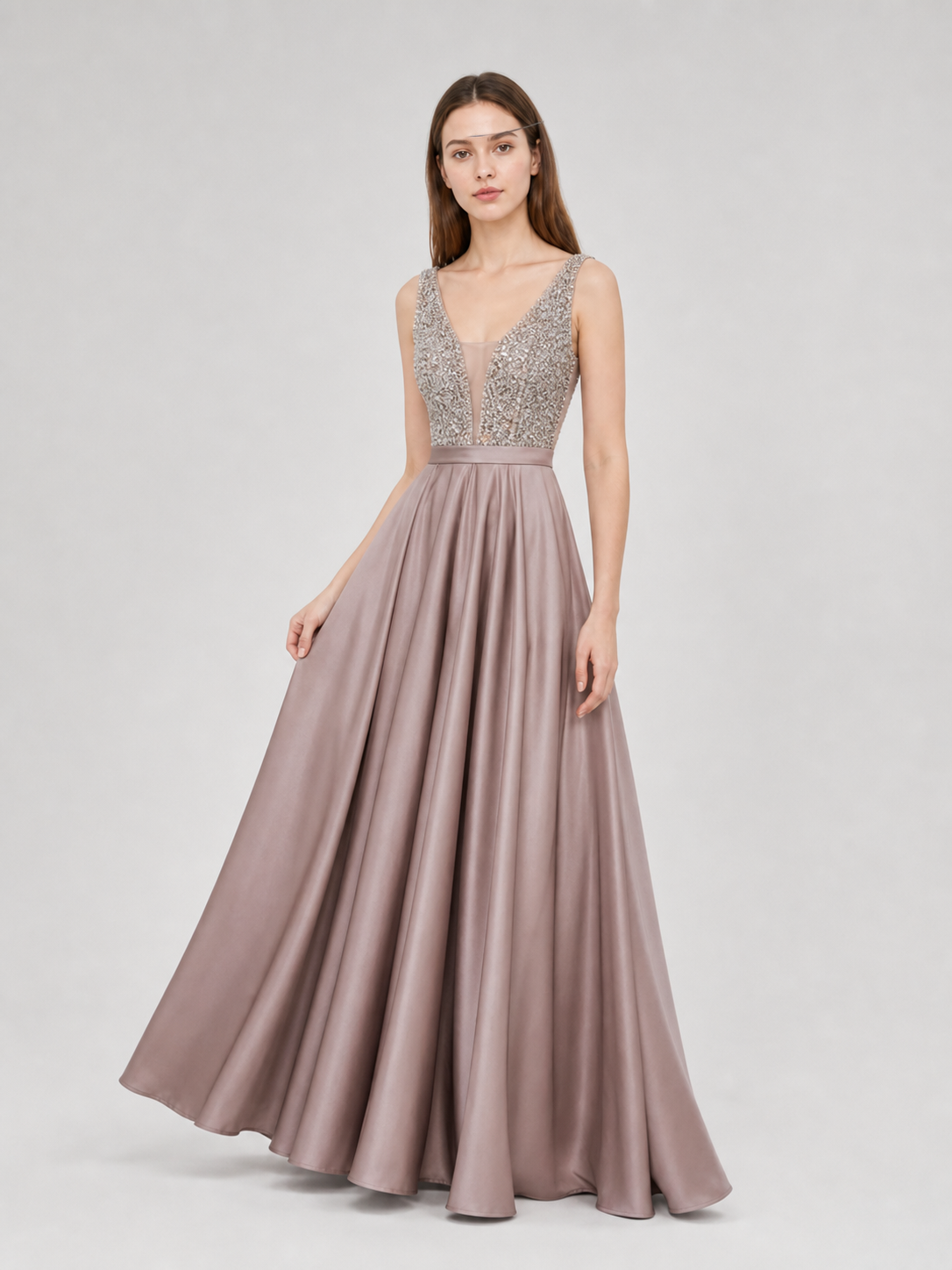 Sleeveless Evening Dress with Embellishment and V-Neckline