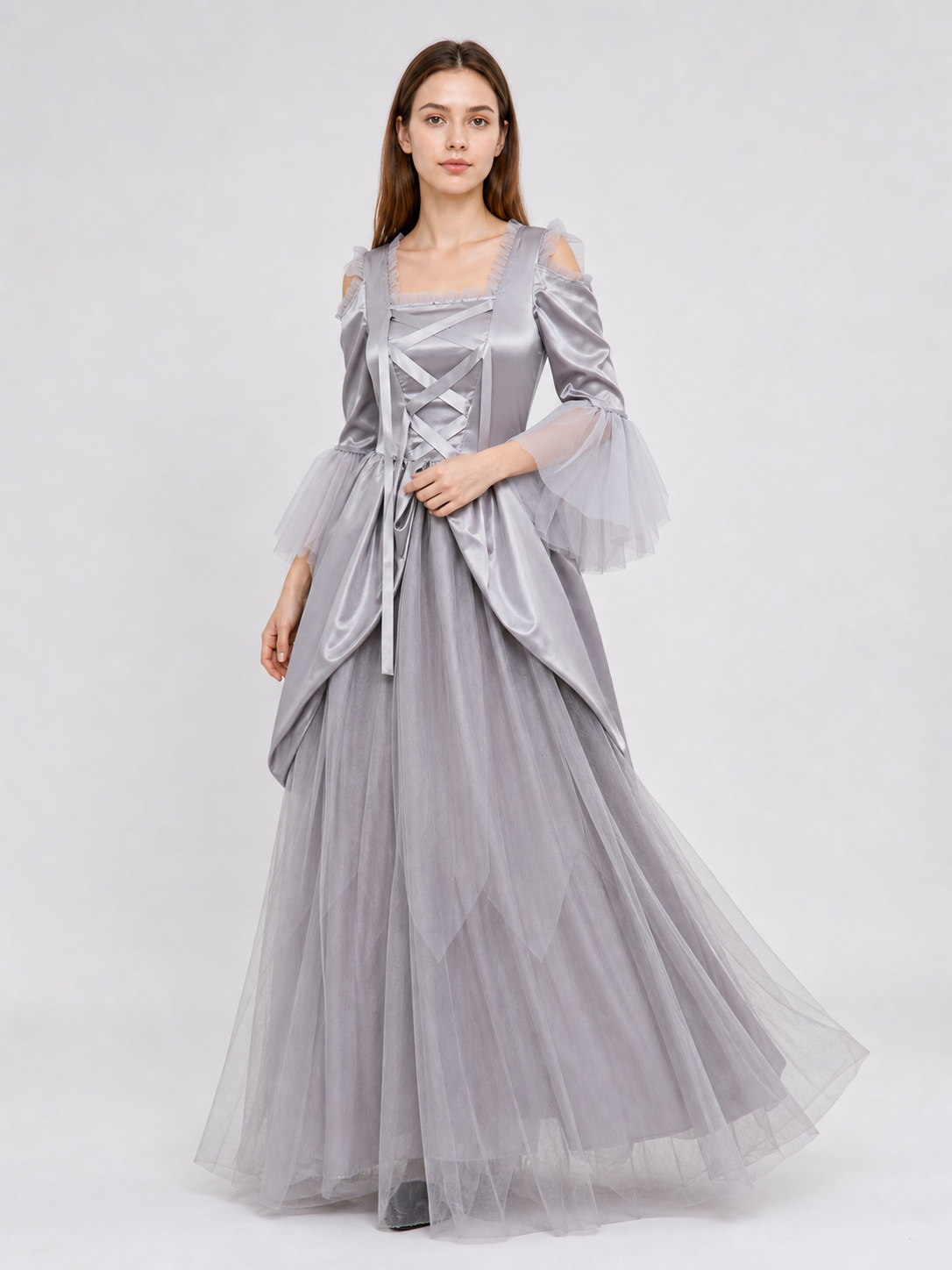 Gray cloak dress with sleeves and crisscross lacing