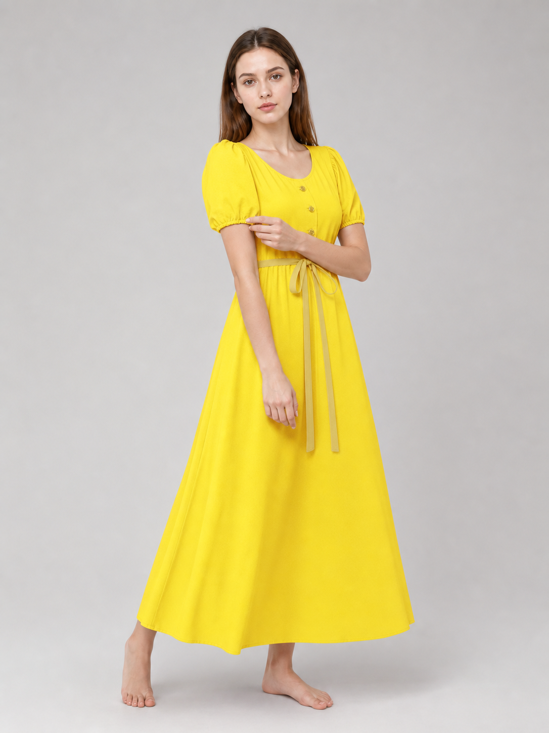 Yellow Dress with Buttons and a Drawstring Waist