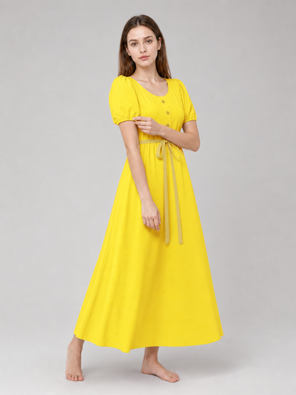 Yellow Dress with Buttons and a Drawstring Waist