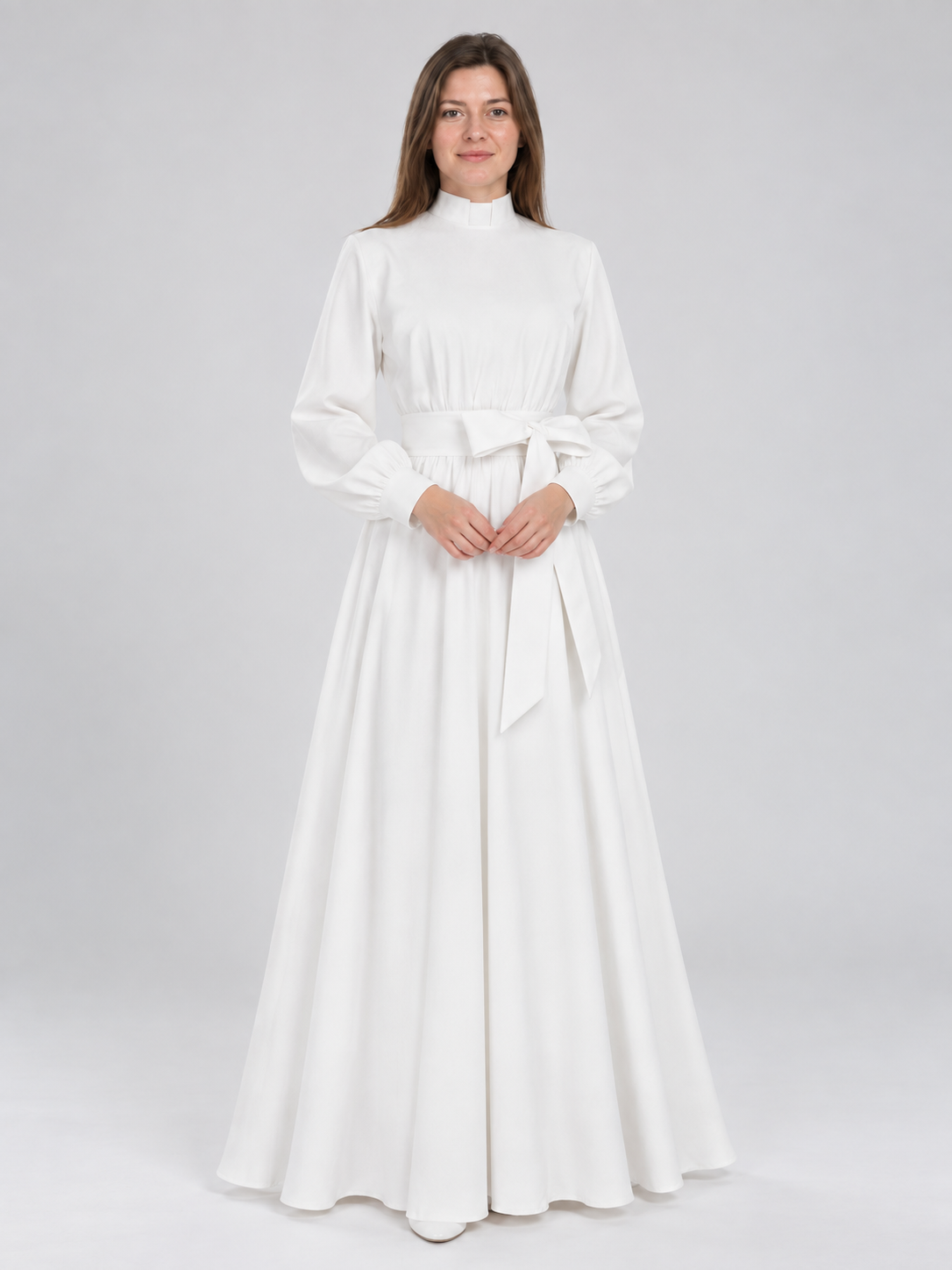 White nun costume made of linen and polyester with belt