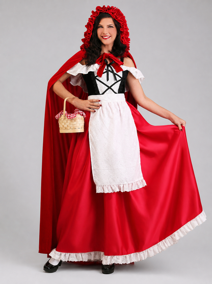 Red Riding Hood costume set designed as a dress with a cape, suitable for stage performances, festive dress-up, and themed cosplay. The set includes a costume combining a red dress with a full silhouette, a white apron-style front, and a re
