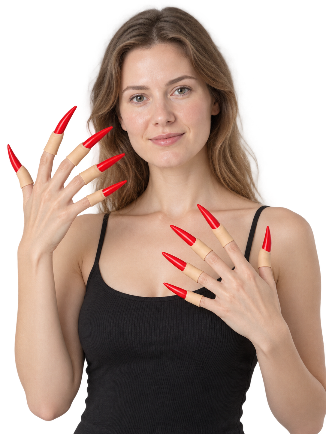 Long pointed red press-on nails, set of 10
