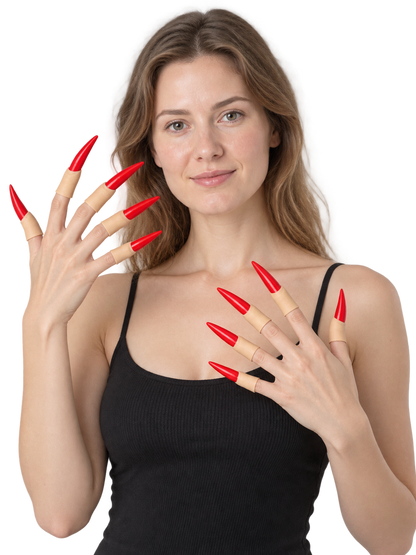 Long pointed red press-on nails, set of 10