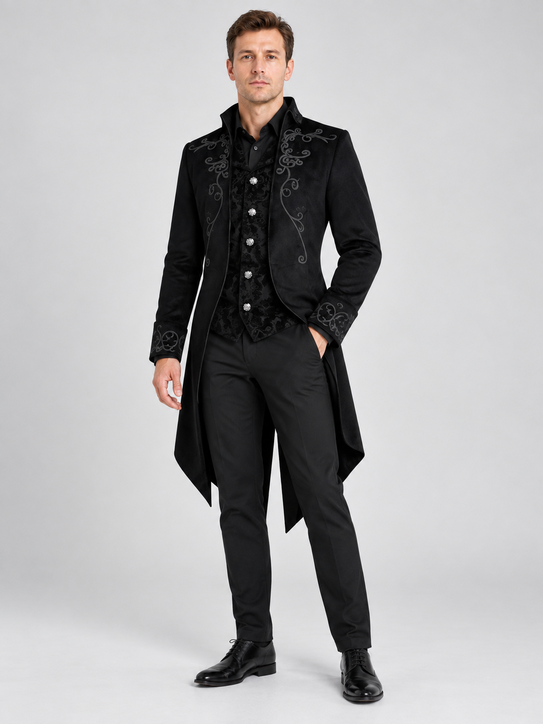 Black Tailcoat with Embroidery and Stand Collar