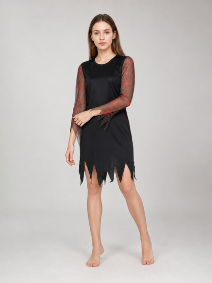 Halloween costume set for a standout look and themed events. The set includes a pointed wide-brim hat and a one-piece long-sleeve dress. The style is mostly black, while the semi-sheer sleeves made from lightweight mesh have a dark red-and-