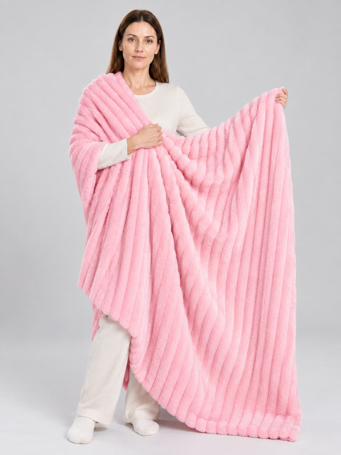 Pink Fleece Blanket with Lengthwise Waves