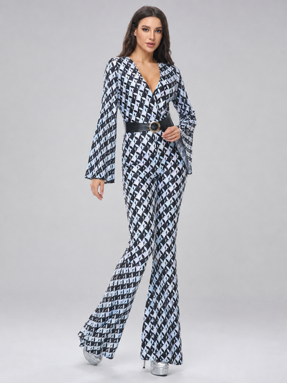Retro Flared Jumpsuit with Geometric Print