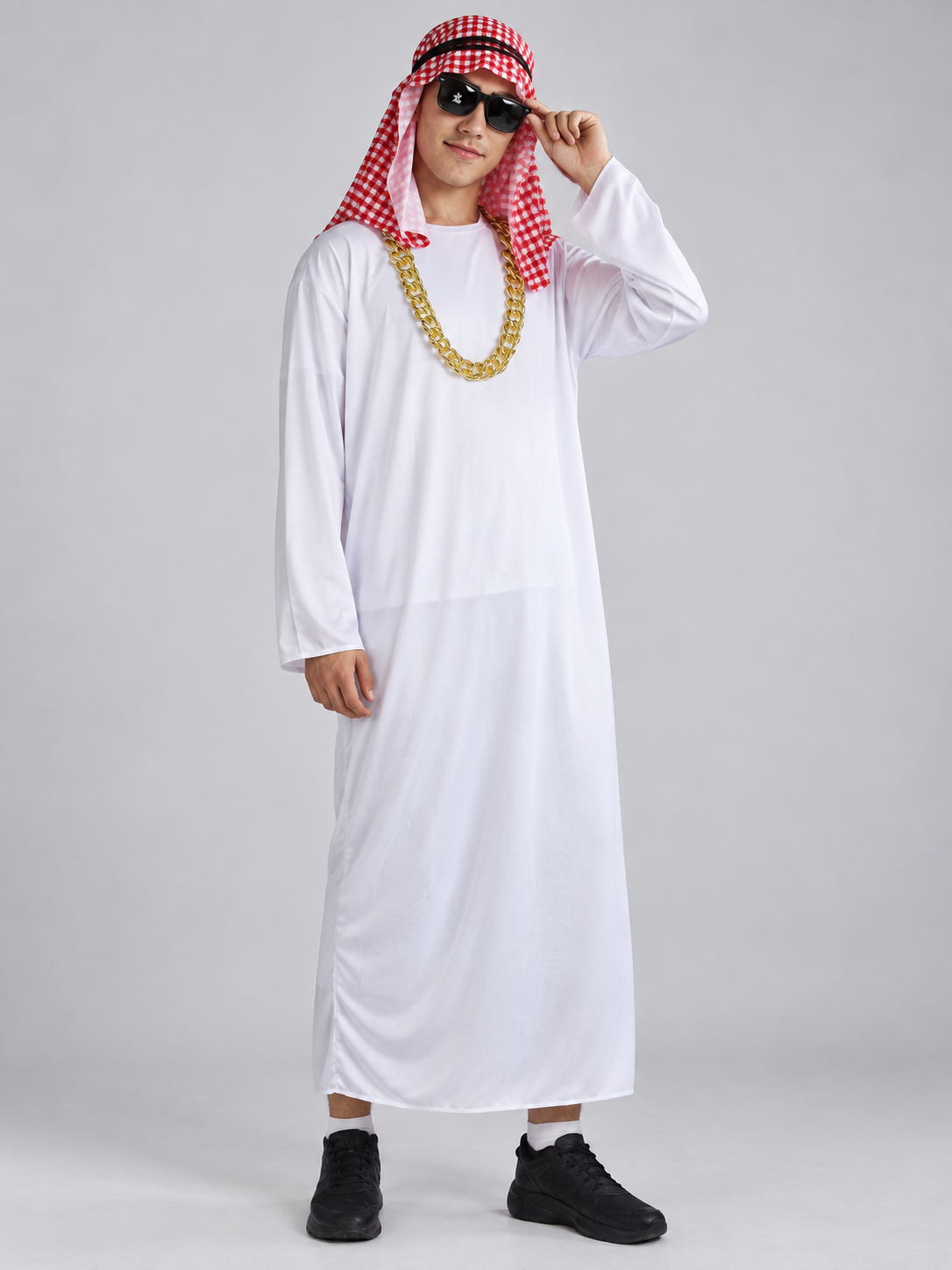 White carnival costume with plaid scarf and mustache