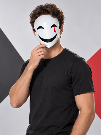 White glossy mask with a black design and a red drop