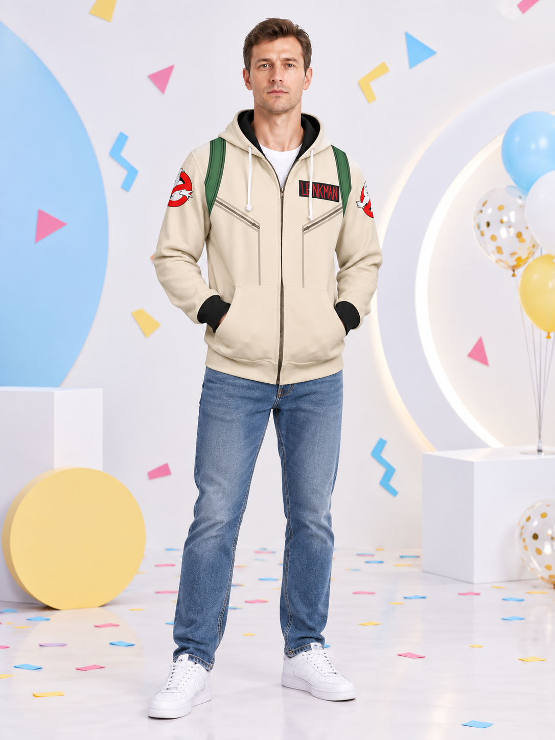 Beige Cosplay Hoodie with Zipper, Hood, and Patches