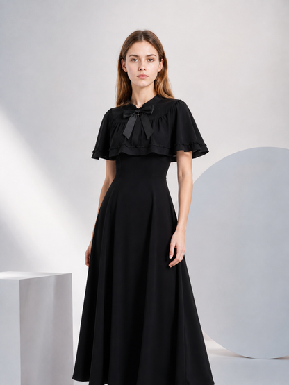 Black Retro-Style Dress with Cape and Bow Costume Dresses detail
