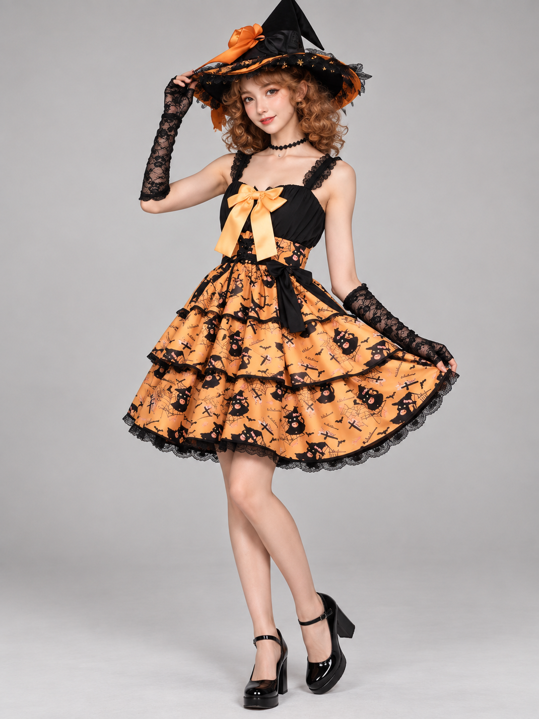 Witch Halloween Costume: Black and Orange Dress with Bow