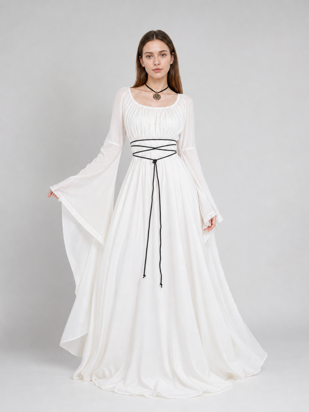White Long Dress with Black Lacing
