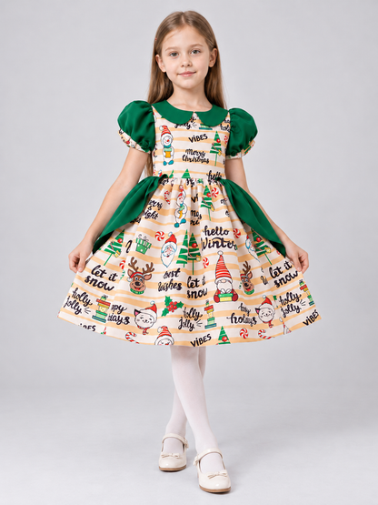 Dressy Girls' Dress with Christmas Print