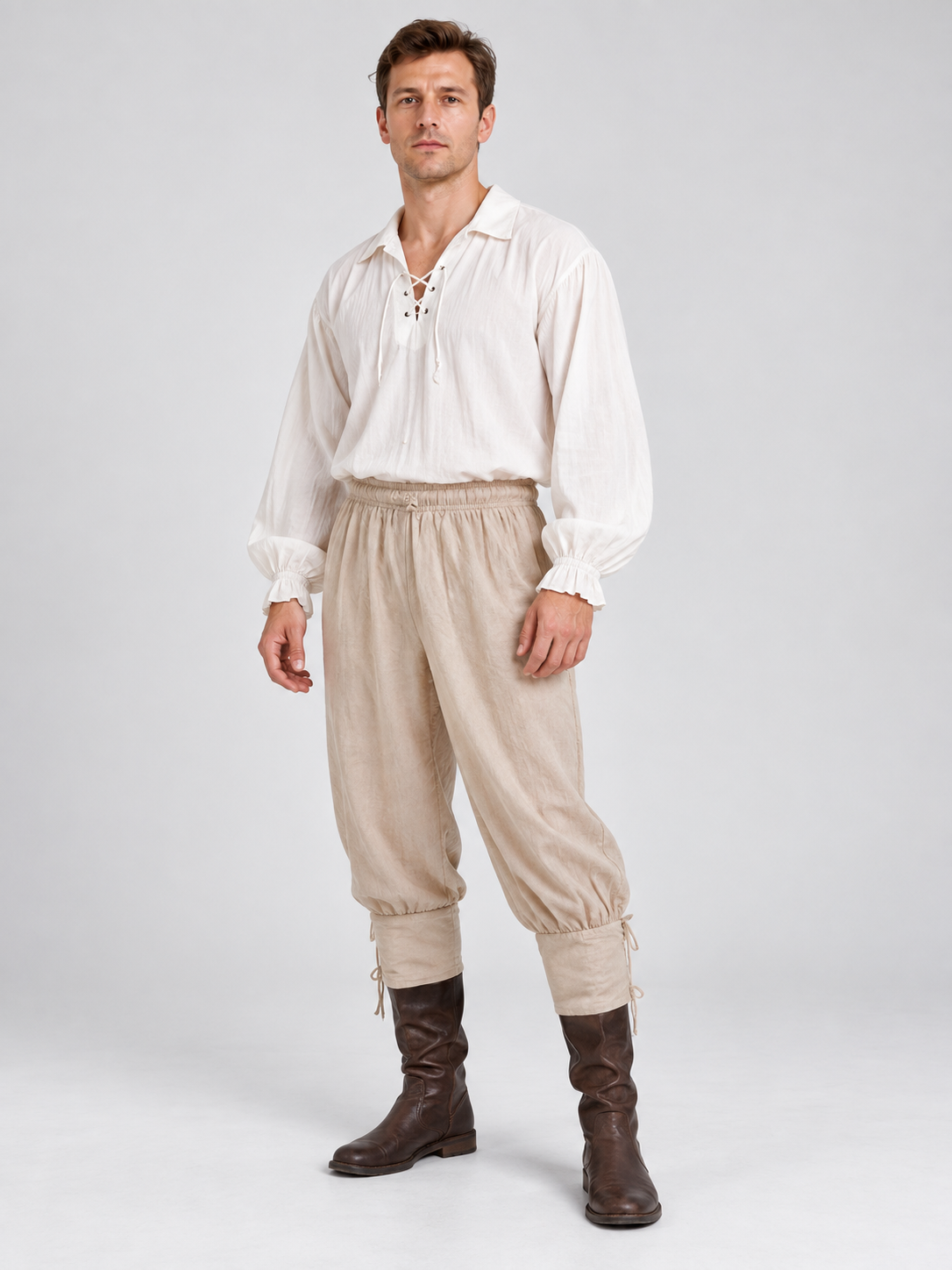 Beige long loose pants with ties at the cuffs