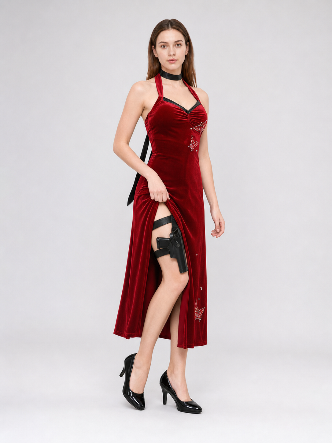 Qipao-style cosplay costume: red dress with holster