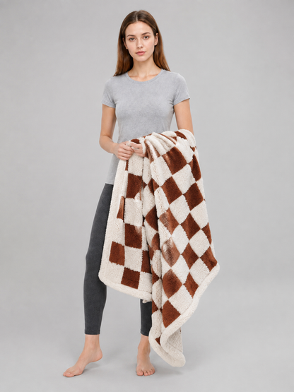 Double-Sided Dog Blanket in Brown-and-Cream Plaid Wearable Blankets detail
