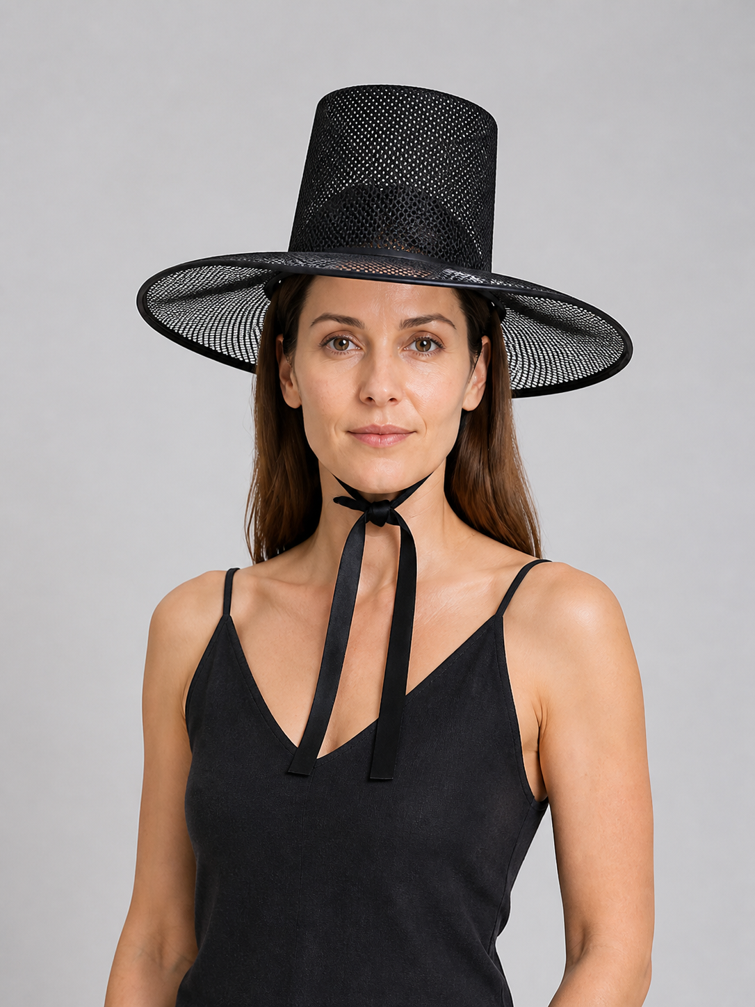 Black Carnival Hat with a Wide Brim and Ties Costume Headwear detail