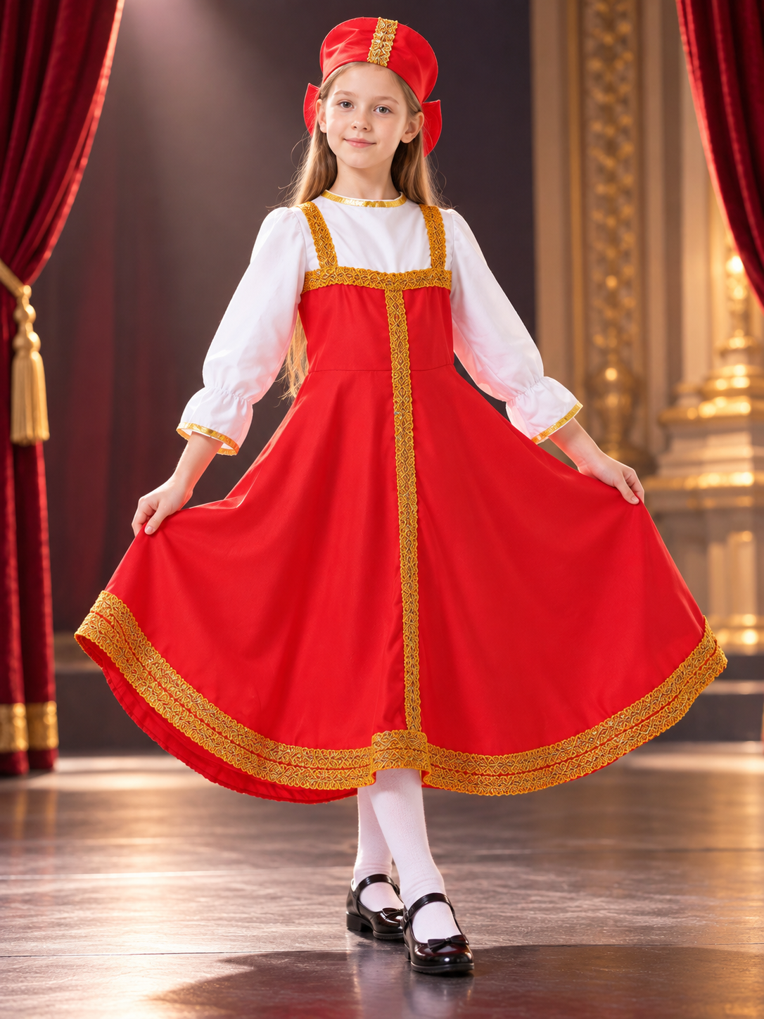 Children's Red Stage Costume with Headpiece Costume Headwear detail