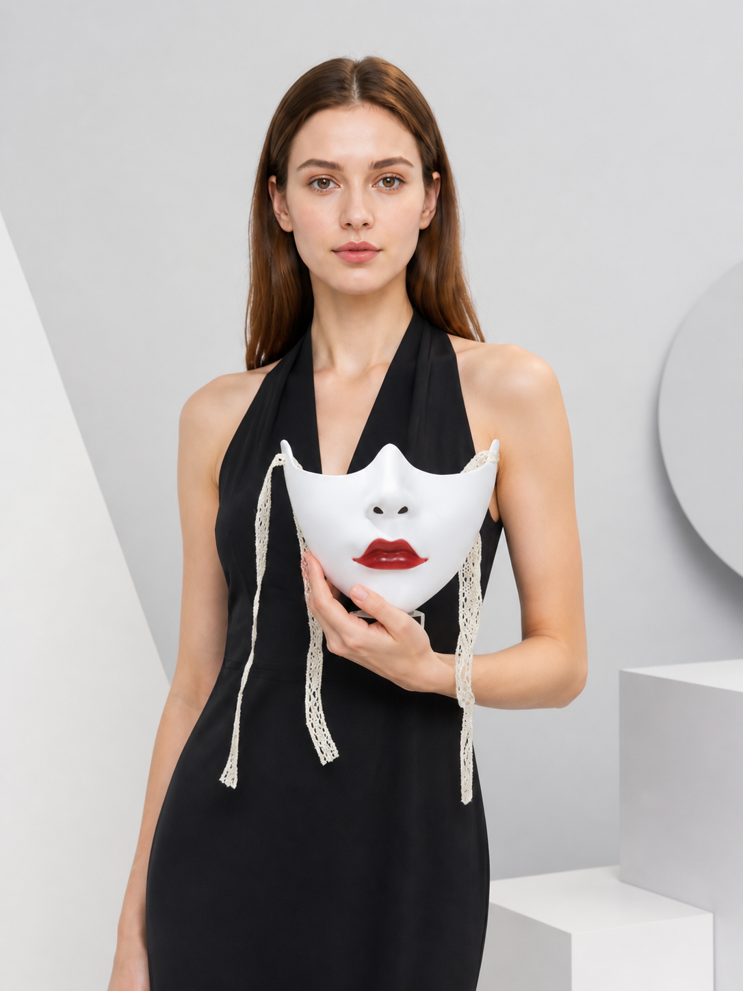 Halloween Mask, White Half-Mask with Red Lips Costume Masks detail