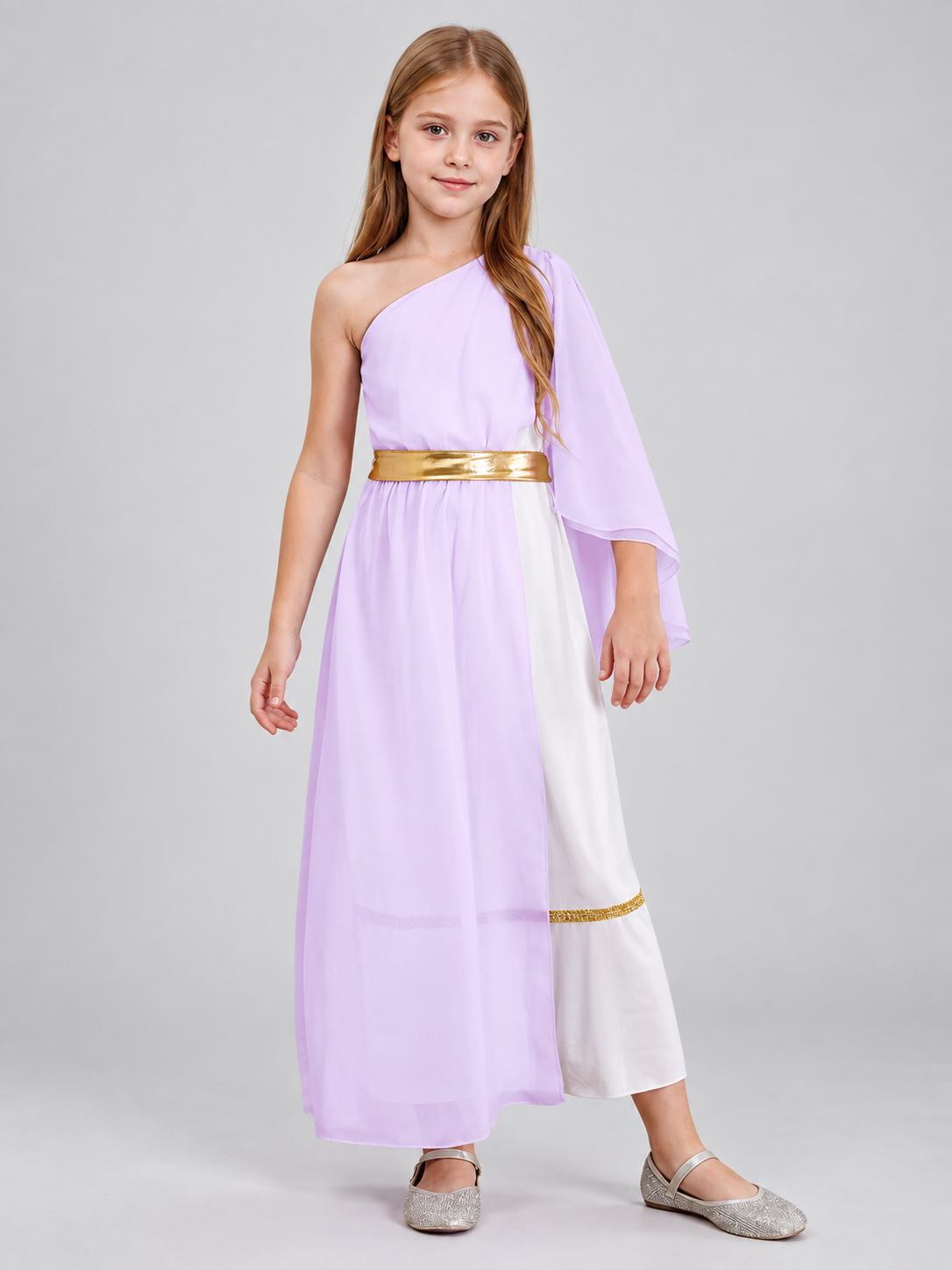 Carnival Dress with One-Shoulder Neckline and Gold-Tone Belt