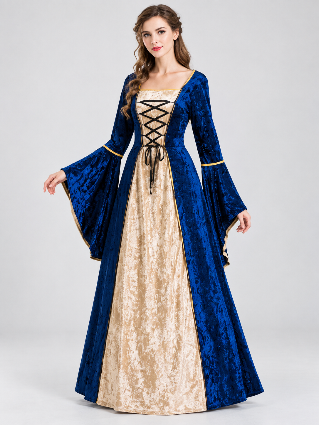 Long Blue Velvet Corset-Style Carnival Dress with Lacing