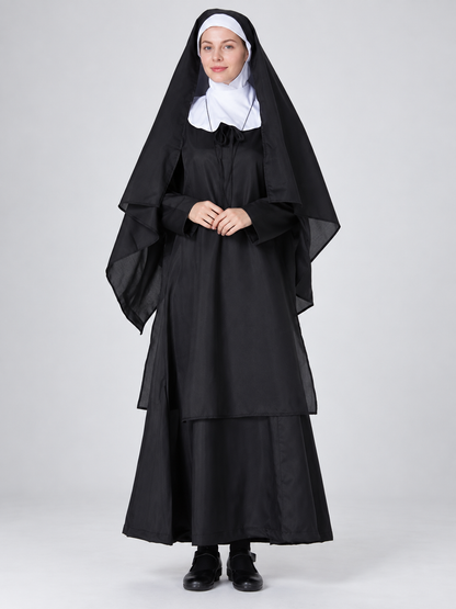 Long black and white costume with headpiece and veil
