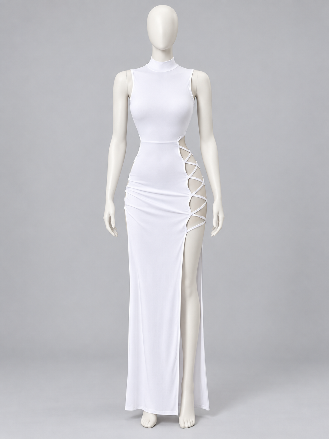 White Sleeveless Bodycon Dress with Side Cutouts Costume Dresses detail
