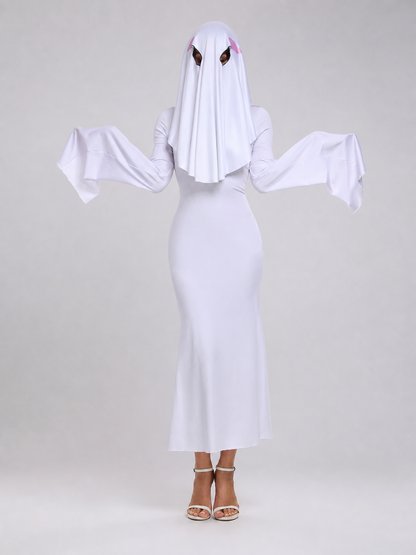 White Ghost Dress with Hood and Pink Accents
