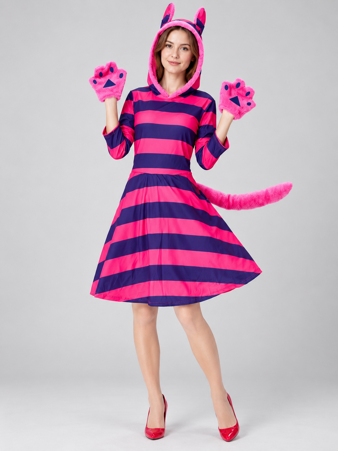 Pink carnival costume with a hood, ears, and tail