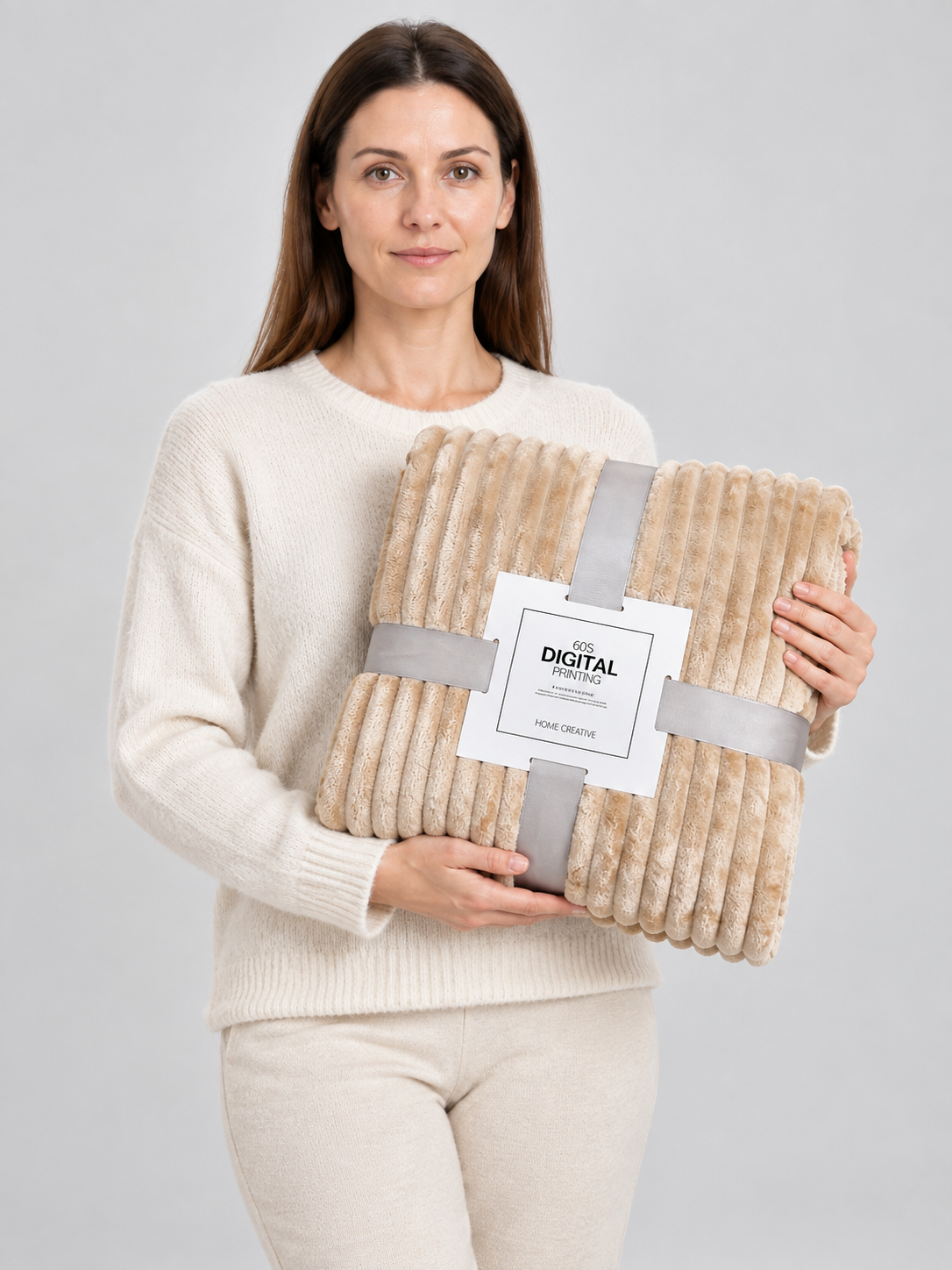 Beige Flannel Throw Blanket Soft with Wavy Relief