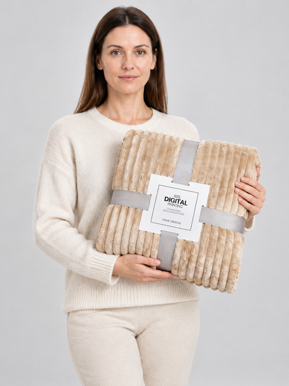 Beige Flannel Throw Blanket Soft with Wavy Relief