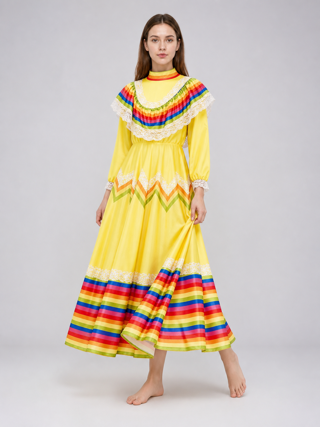 Costume dress with ruffles and rainbow trim