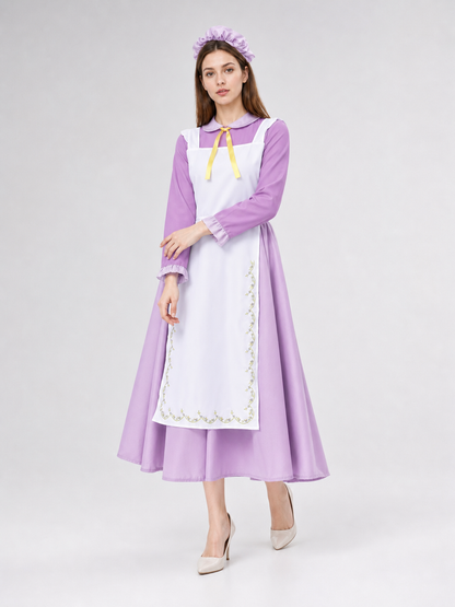 Purple dress costume with apron and bonnet