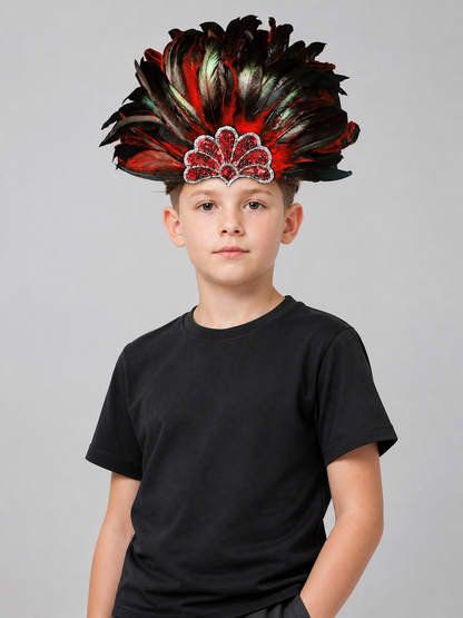 Red and black feathered headpiece with a jeweled red centerpiece, worn by a child in a black shirt against gray