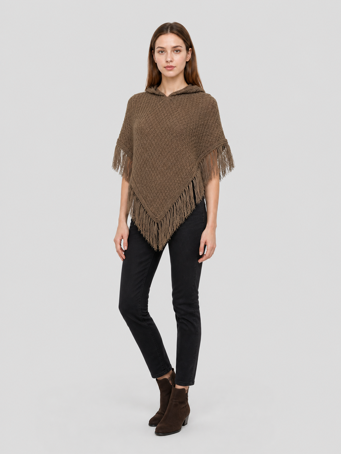 Triangle Hooded Cape with Fringe, Brown Costume Capes detail