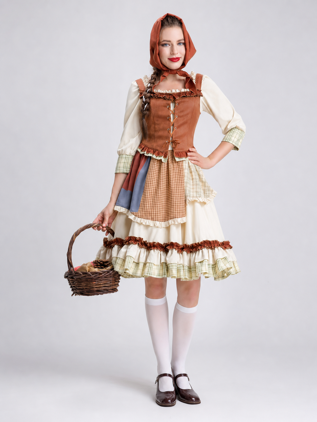 Historical character costume with a corset-style bodice and ruffles